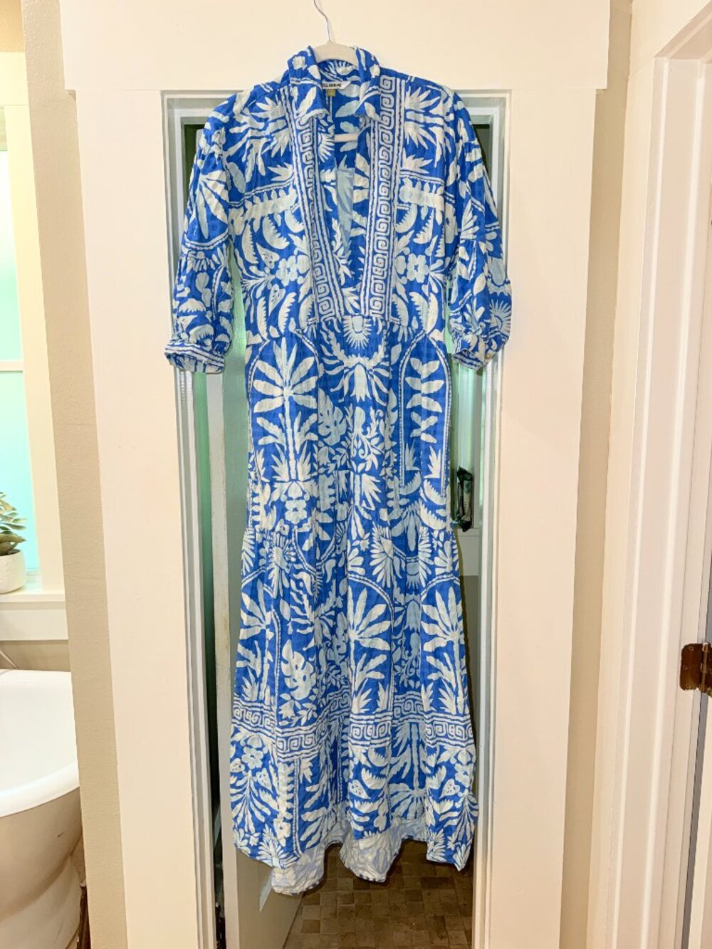 Celandine Blue White Block Print Maxi Dress Small Boho Cotton Resort Summer Dres